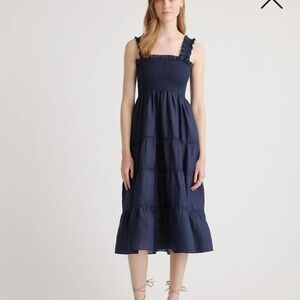 Quince Navy 100% European Linen Smocked Midi Dress